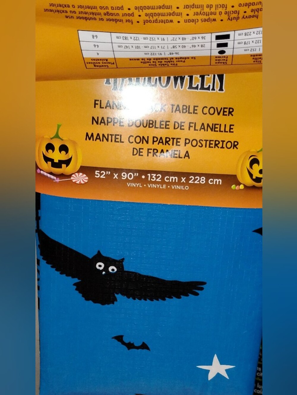 Halloween Blue Vinyl Table Cover with Black Bat Design